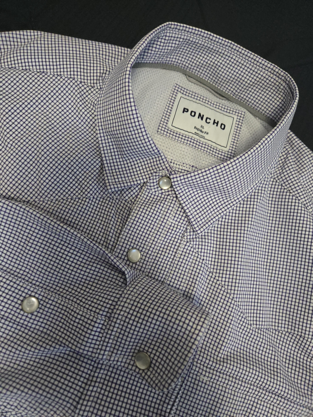 Poncho Men’s Purple Check Button-Down Shirt Long Sleeve Peael Snap Sixe Xl